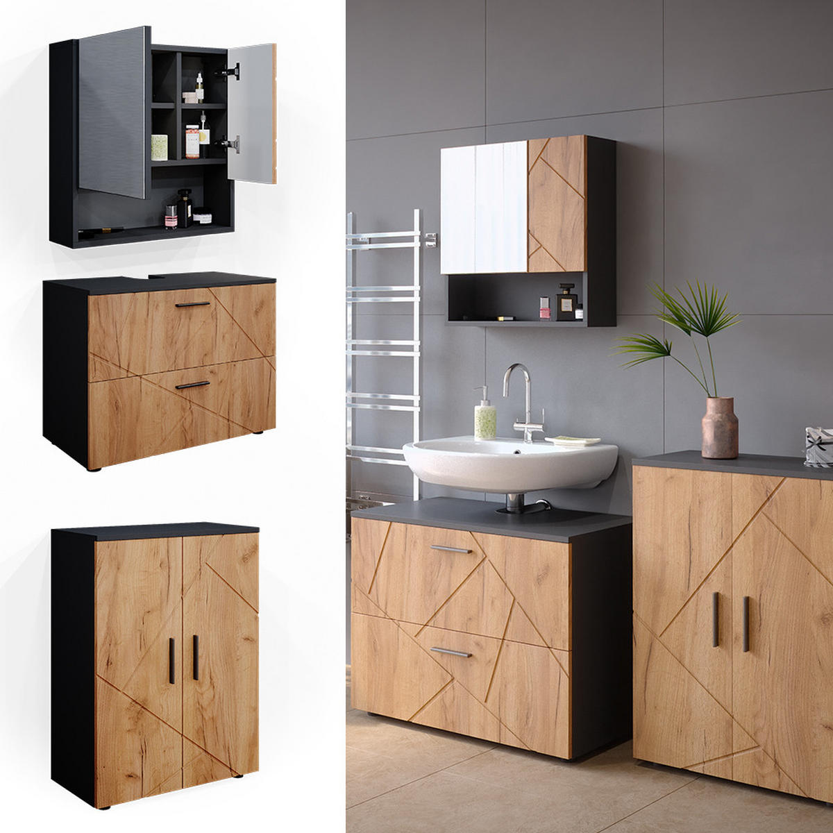 BADMÖBEL-SET Irma Goldkraft Eiche/Anthrazit 3 Teile mit Unterschrank 80 cm - Honigeiche/Anthrazit, Holzwerkstoff (80/58/41cm) - Vicco