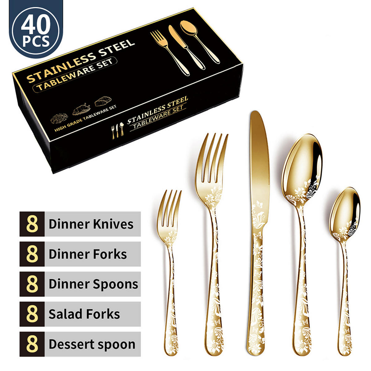 BESTECK-SET, 40-teilig, Edelstahl, 8 Pers. - Goldfarben, Metall
