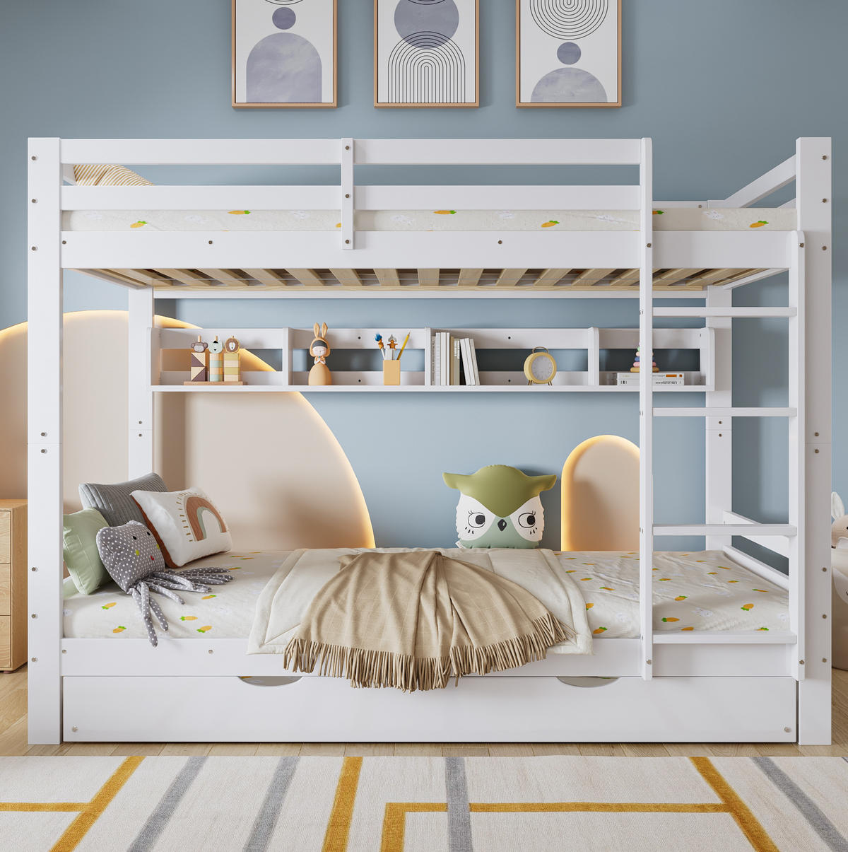 ETAGENBETT 90/200 cm Weiß mit Ausziehbett und Regal - Weiß, Holz (90/200cm) - Flora Grace