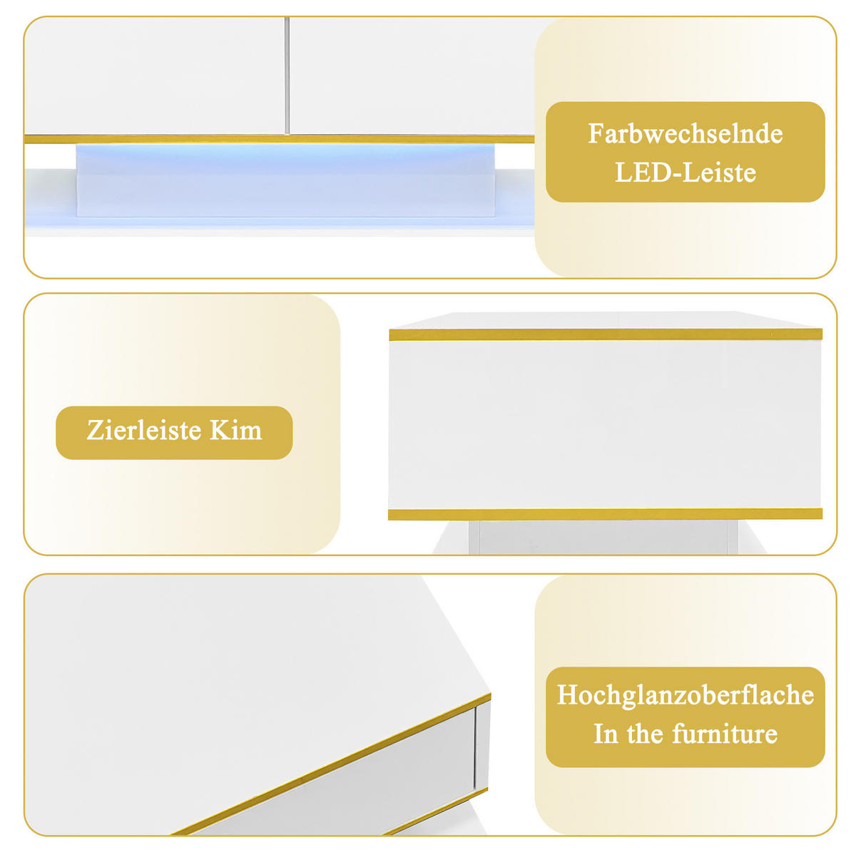 COUCHTISCH 100/50/40 cm in Weiß/Gold mit 3 Schubladen und LED-Beleuchtung - Weiß, Holzwerkstoff (100/50/40cm) - Flora Grace