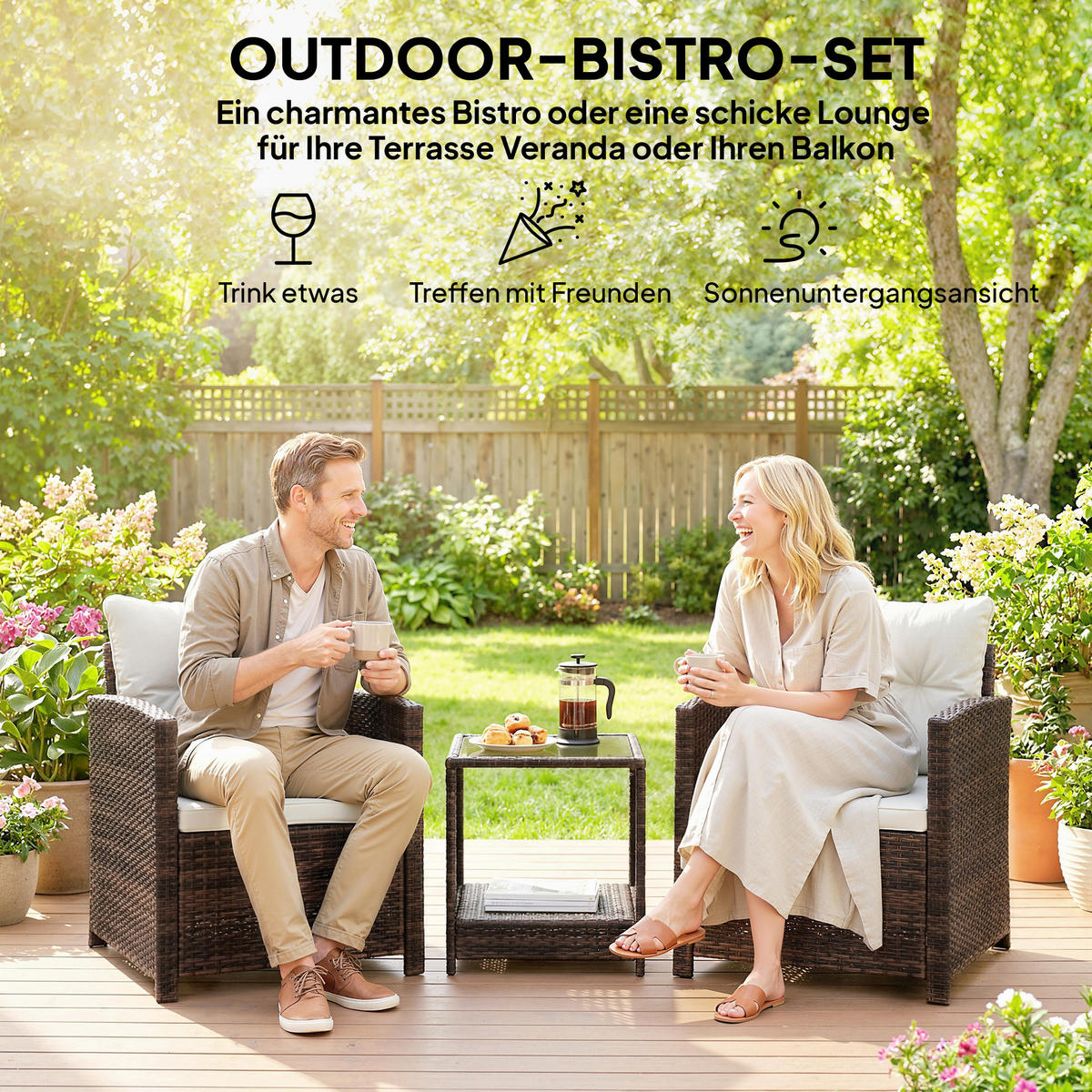 BISTROSET 3er Set PE-Rattan Stahl Cremeweiß - Creme/Schwarz, Kunststoff/Textil - Outsunny