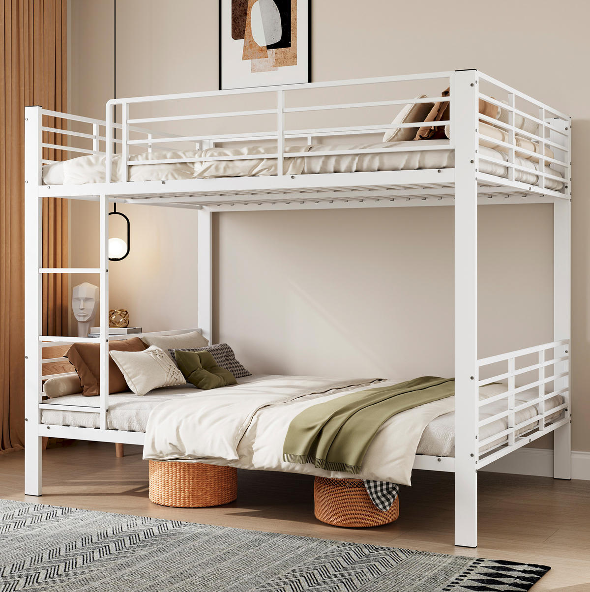 ETAGENBETT aus Metall 140x200 cm Weiß mit Rausfallschutz, Leiter und geräuscharmem Schlafkomfort - Weiß, Metall (140/200cm) - Modfu