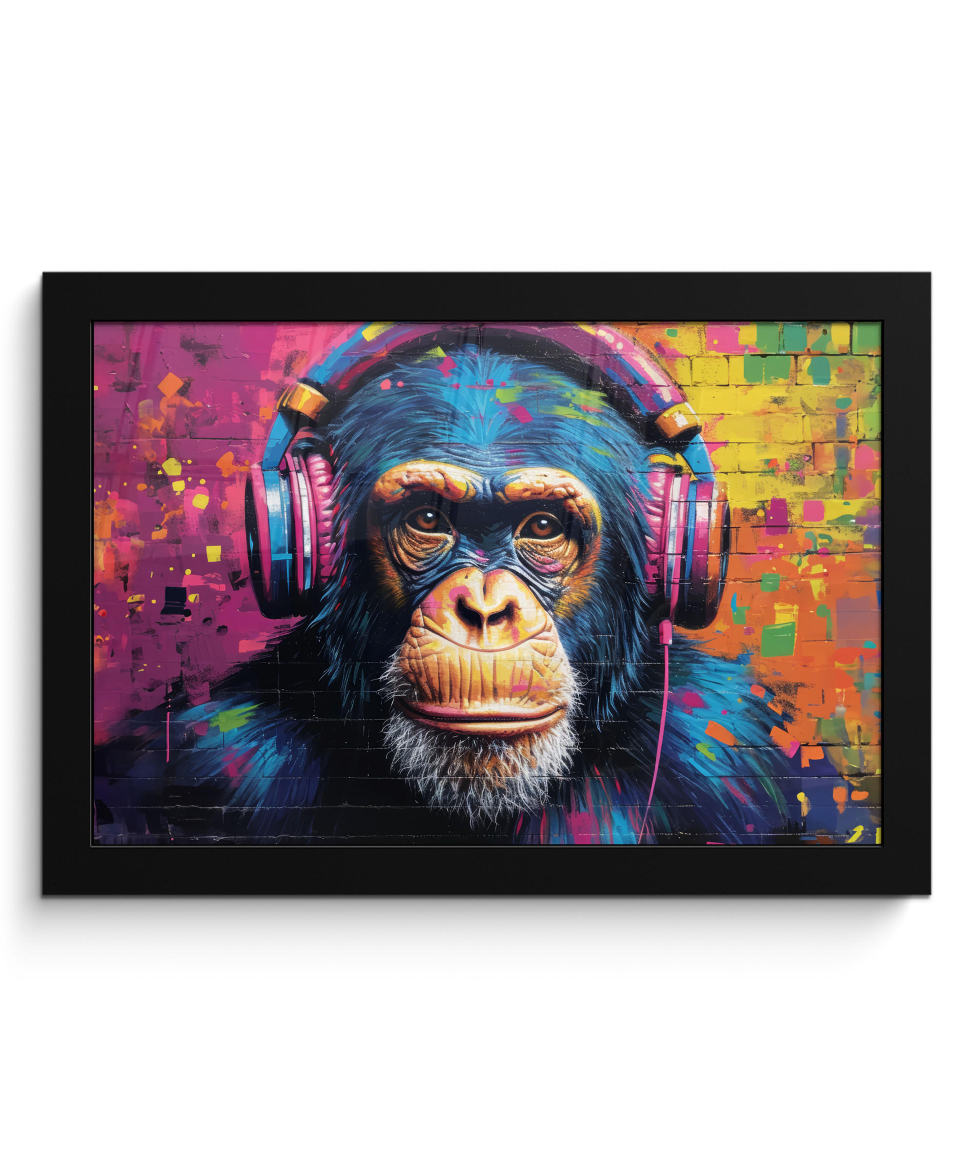 POSTER MIT RAHMEN Graffiti - Schimpanse - Straßenkunst - Kopfhörer - Affe 30x20 cm - Blau, Papier (30/20cm) - MuchoWow