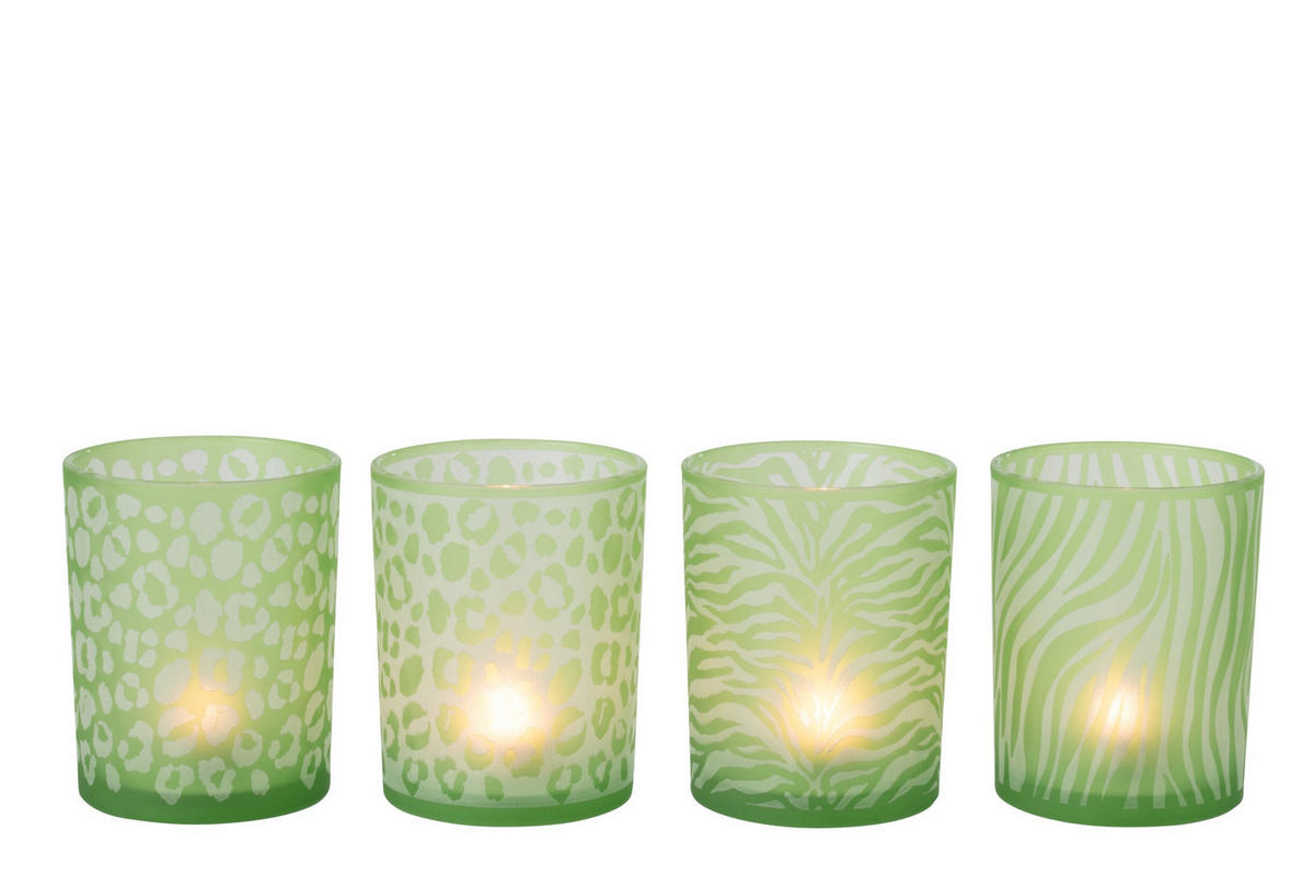 WINDLICHT TIERSPUREN (4ER SET) - Grün, Glas (10/12.5cm) - J-Line
