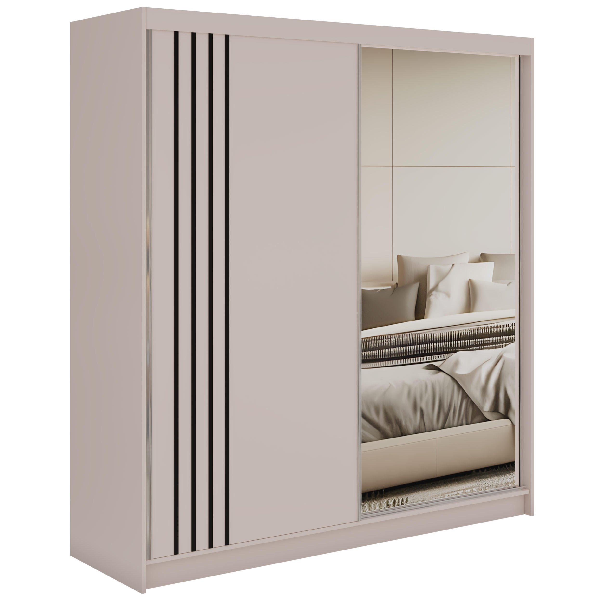 SCHWEBETÜRENSCHRANK mit Lamellen und Spiegel DIANA - 200 - Kaschmir und Schwarz - Kaschmir/Schwarz, Holzwerkstoff/Metall (200/216/61cm) - MKS