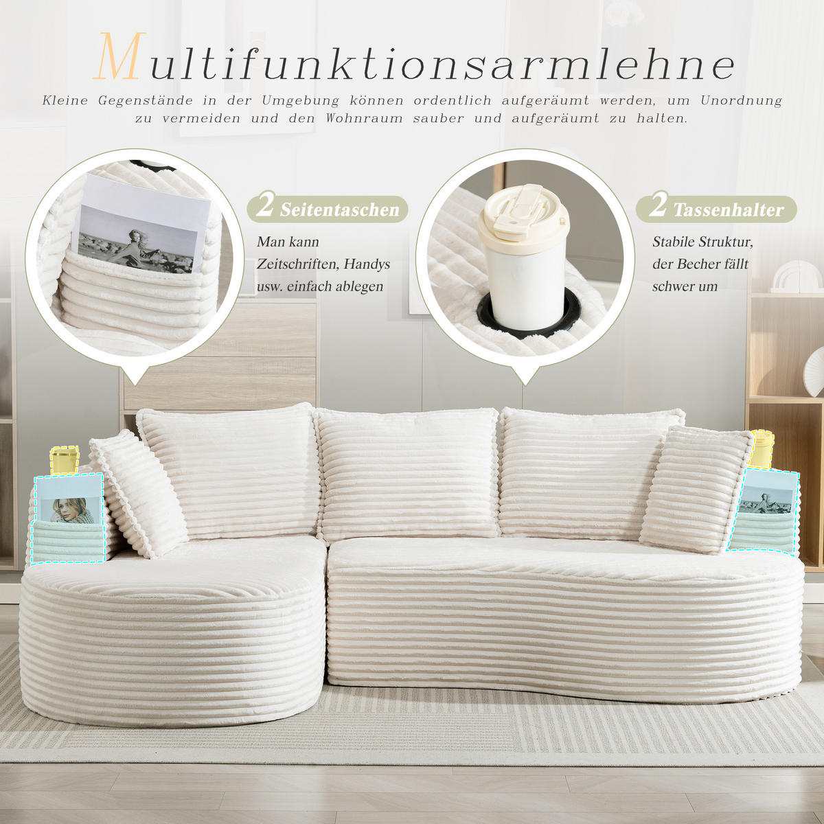 ECKSOFA 250/152/82 cm Beige mit Becherhalter und Stautasche - Beige, Textil (250/152cm) - Oxeza