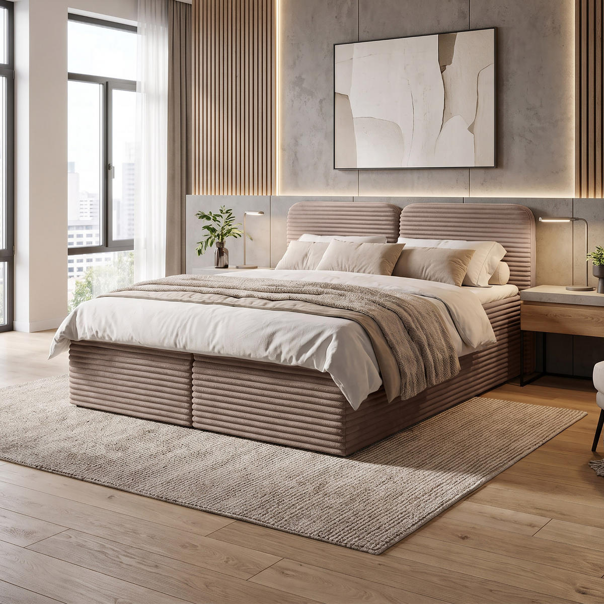 KONTINENTÁLNÍ POSTEL Lars 140x200 cm s topperem, bonellová matrace, manšestrová látka, světle hnědá - světle hnědá, textil (140/200cm) - Beautysofa