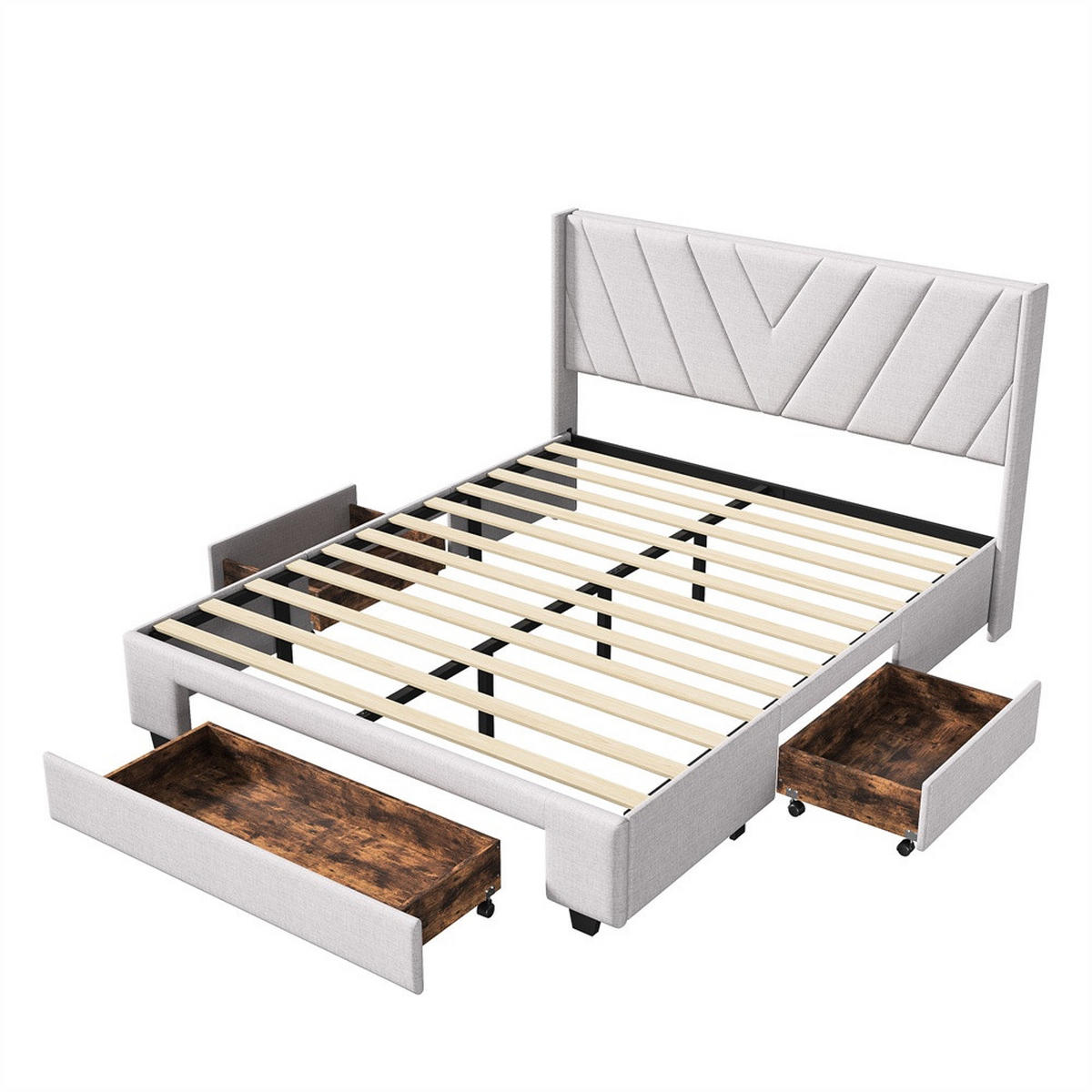 POLSTERBETT 140x200 cm mit 3 Schubladen - Kopfteil mit minimalistischem Liniendesign - ohne Matratze - Beige - Beige, Textil (140/200cm) - DELFA