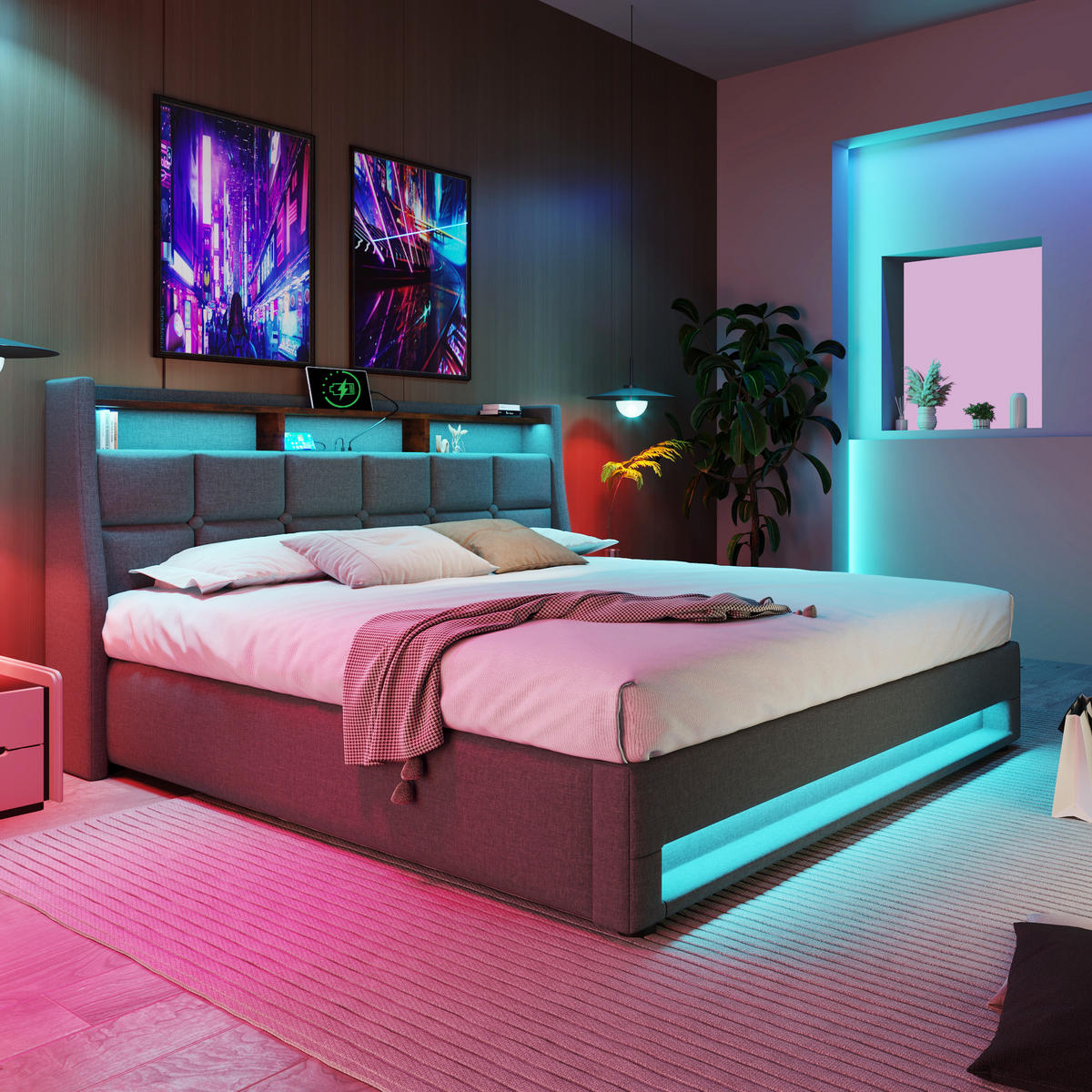 POLSTERBETT 180/200 cm mit LED-Beleuchtung, USB-Anschluss & hydraulischem Bettkasten, Grau - Grau, Textil (180/200cm) - Redom