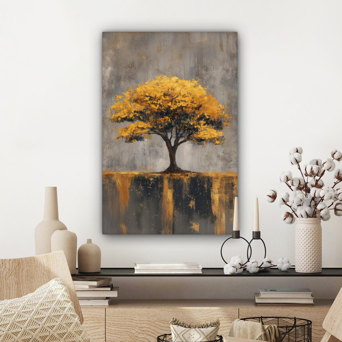 LEINWANDBILD Baum - Blätter - Gold - Abstrakt Wanddeko Schlafzimmer 60x90 cm - Grau, Textil (60/90cm) - MuchoWow
