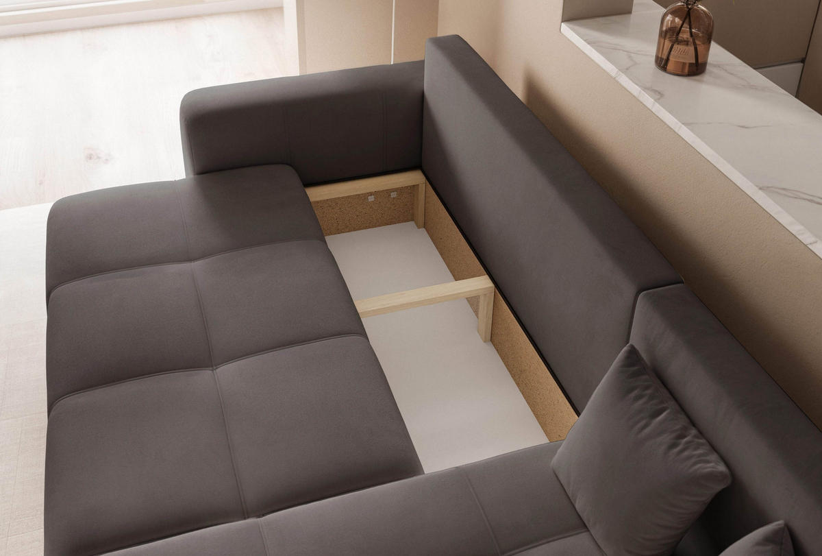 ECKSOFA Dunkelgrau Velours mit Bettkasten und Schlaffunktion - Dunkelgrau, Textil (248/145cm) - Idohome