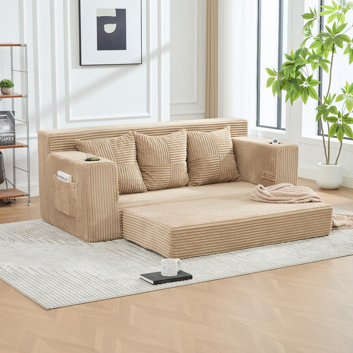 2-SITZER Bodensofa ausklappbar, Getränkehalter/Seitentaschen, Cord, hellbraun - Hellbraun, Textil (172/64/87cm) - LVHOM