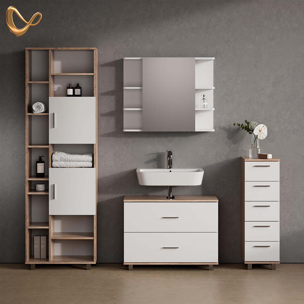 BADMÖBEL-SET Eisak Weiß/Sonoma 4 Teile, mit Hochschrank - Weiß/Sonoma Eiche, Holzwerkstoff (80/60/33cm) - Livinity®