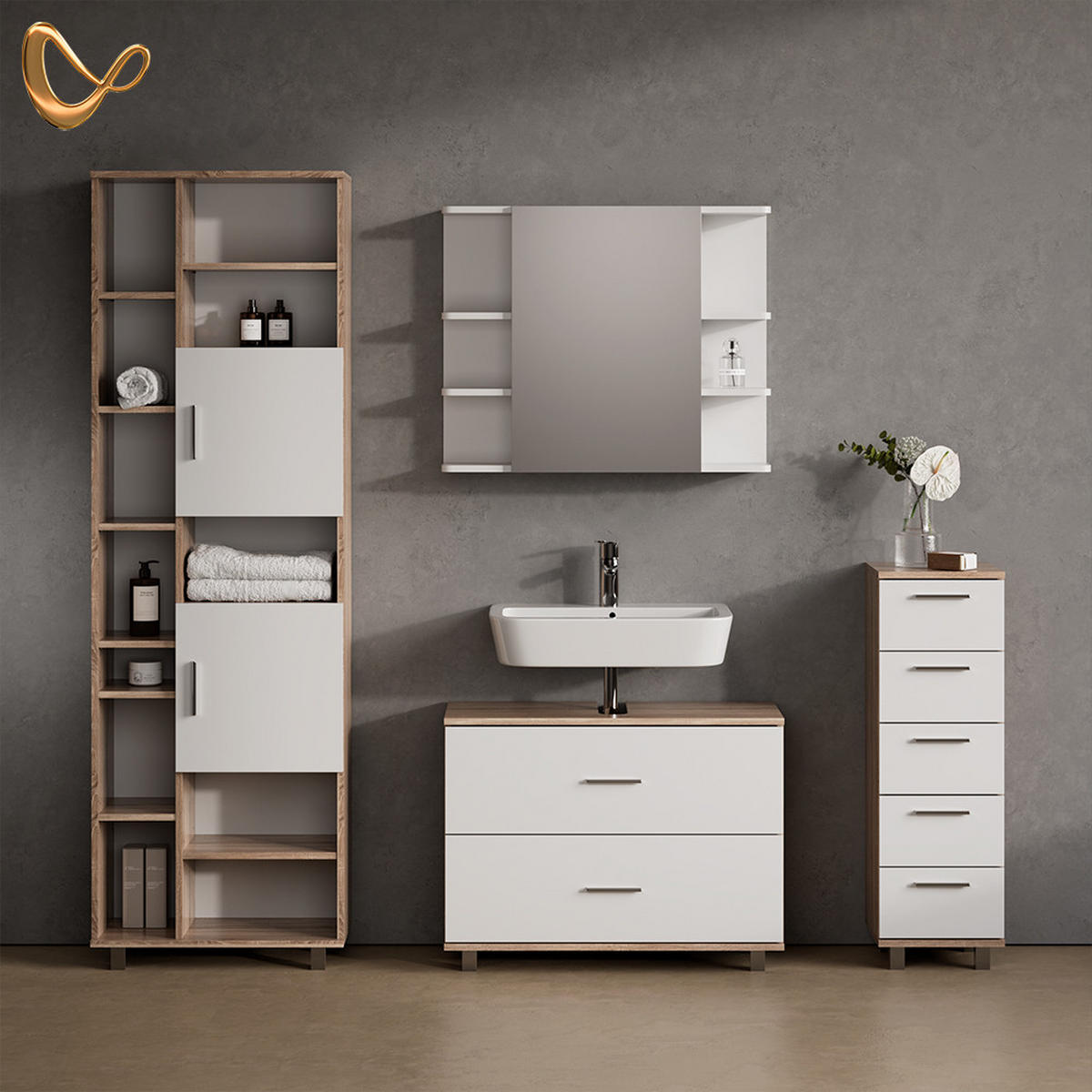 BADMÖBEL-SET Eisak Weiß/Sonoma 4 Teile, mit Hochschrank - Weiß/Sonoma Eiche, Holzwerkstoff (80/60/33cm) - Livinity®