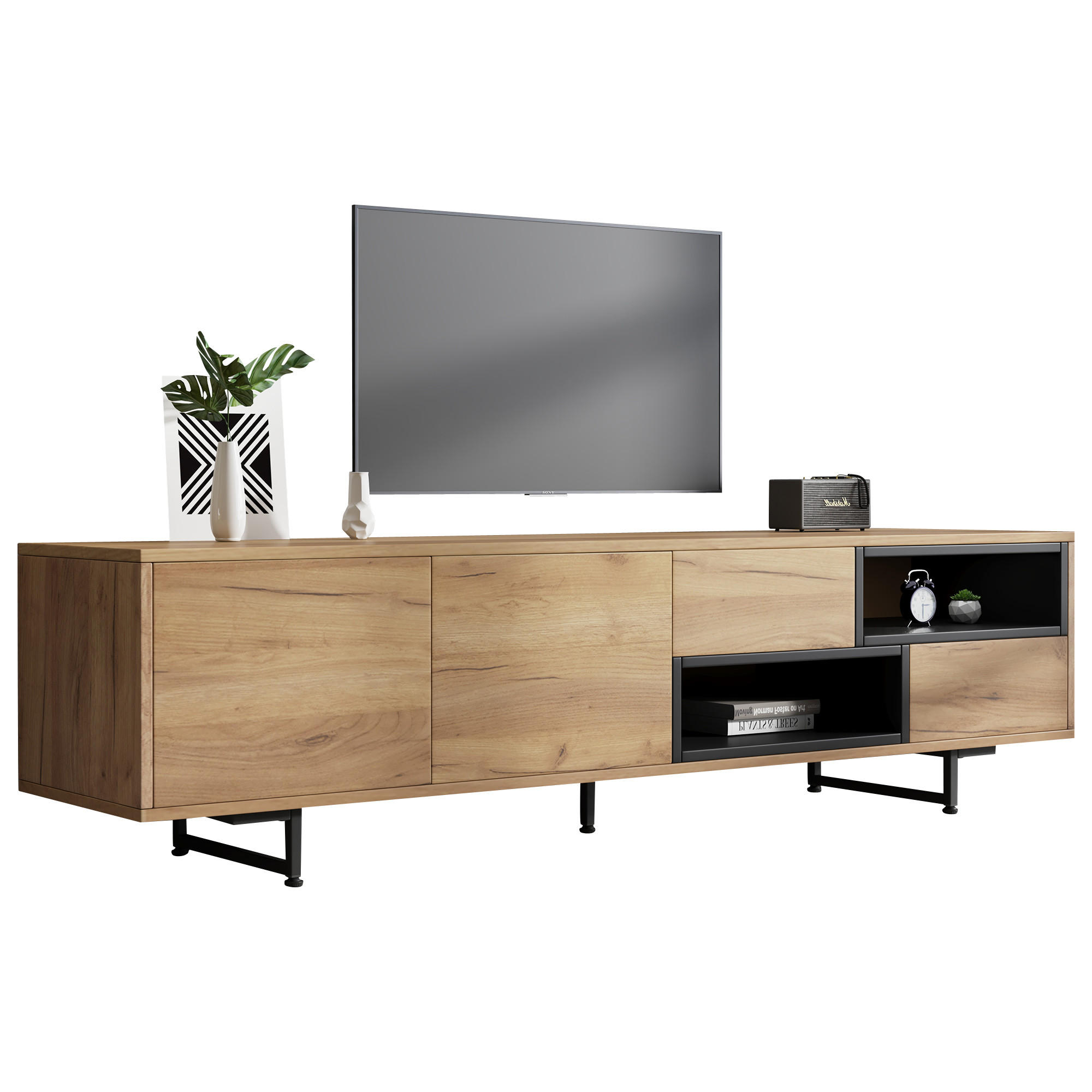 TV-LOWBOARD aus Spanplatte 173x38x48 cm Holzfarben mit Stauraum, Kabeldurchlass und offenen Fächern - Naturfarben, Holzwerkstoff (173/48/38cm) - Modfu