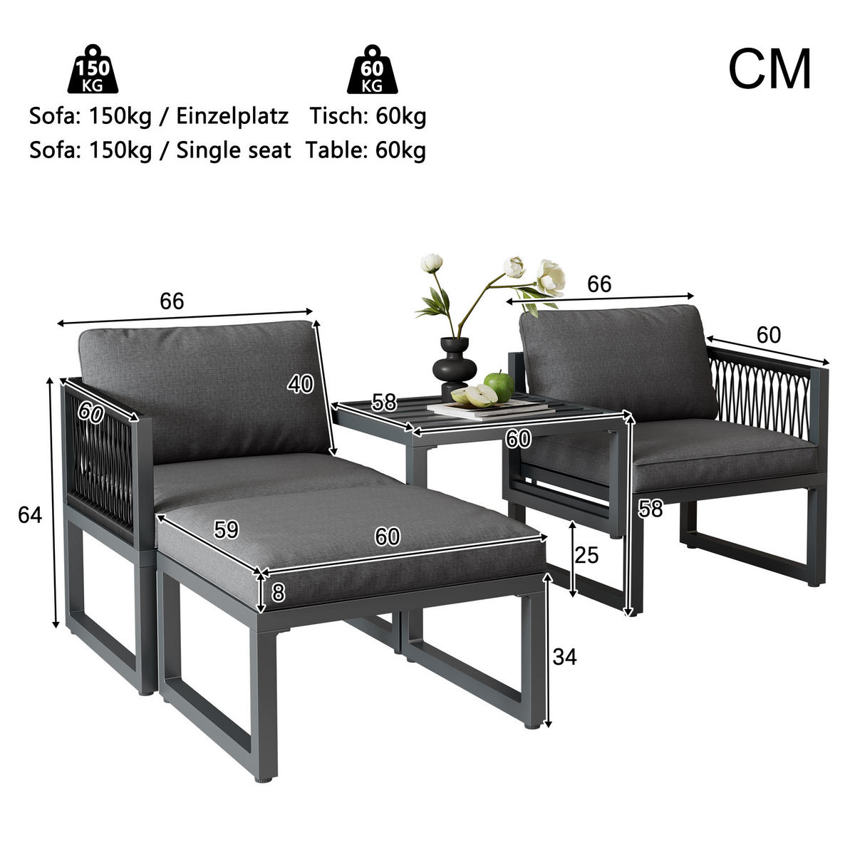 LOUNGESET Modular Grau 2 Sofas 2 Hocker - Grau, Metall - FLIEKS