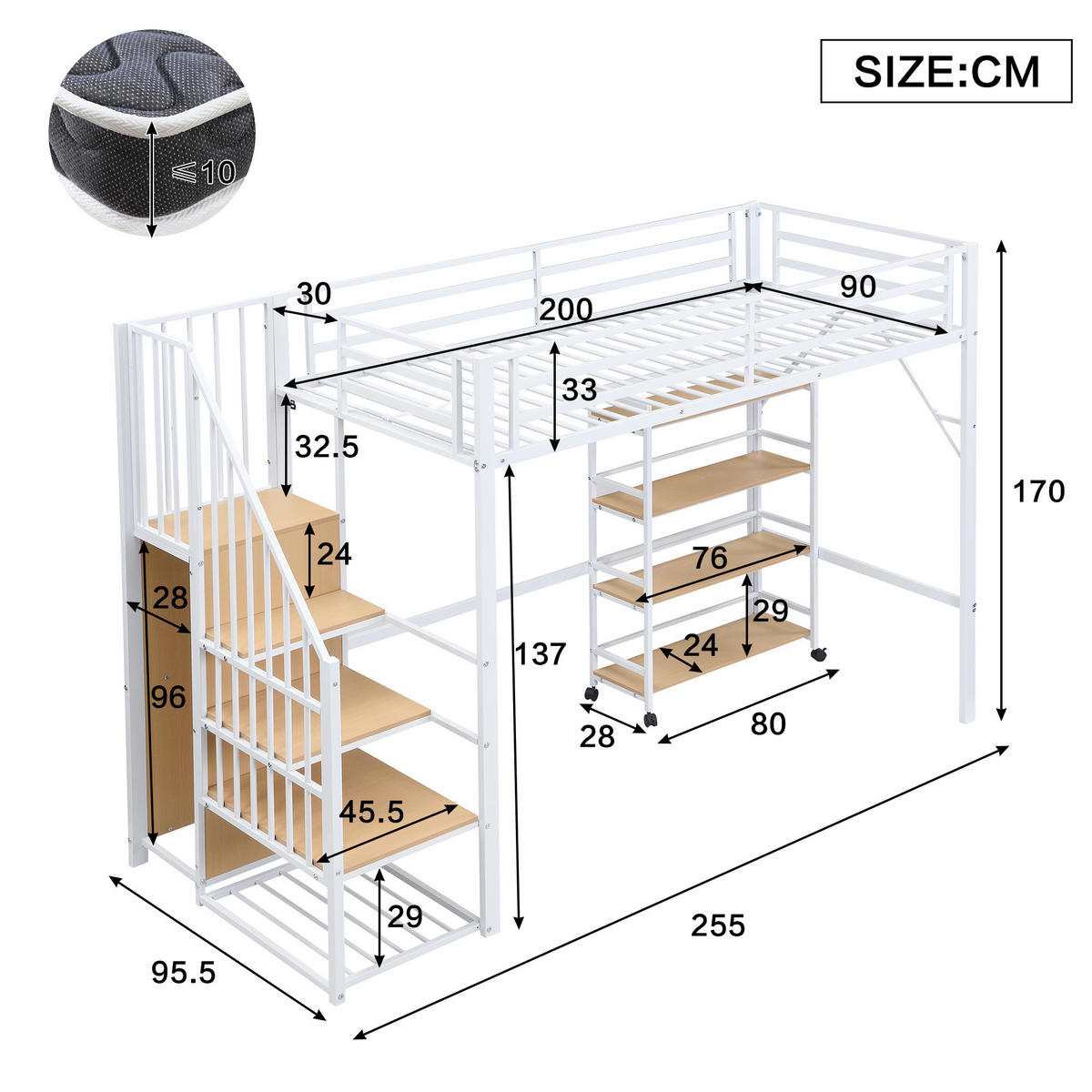 HOCHBETT 90/200 cm Weiß-Natur mit Sicherheitsgeländer und Eckleiterschrank aus Eisen und MDF - Weiß, Metall (90/200cm) - OKWISH