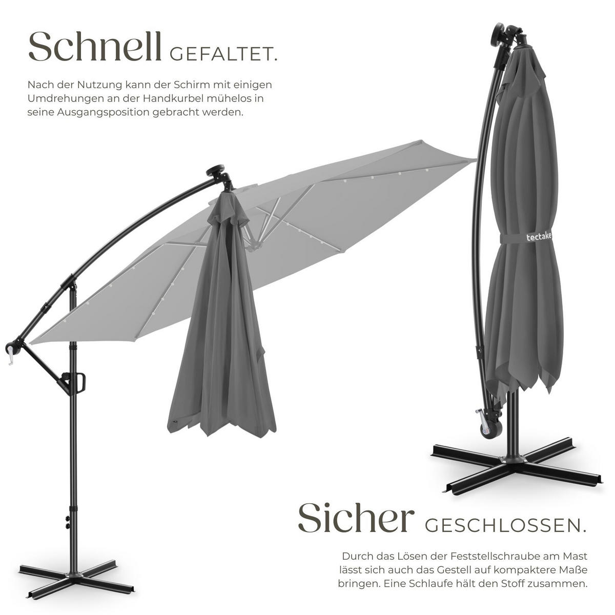 AMPELSCHIRM Artemis, mit LED Solar-Beleuchtung, inkl. Schutzhülle, grau - Grau, Metall (350/337cm) - tectake