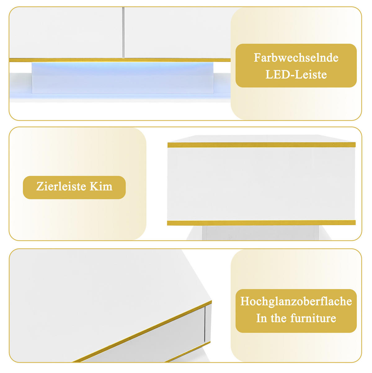 KONFERENČNÍ stolek 100/50/40 cm bílý a zlatý z dřevotřísky s LED osvětlením a 3 zásuvkami - bílá, kompozitní dřevo (100/50/40cm) - OKWISH