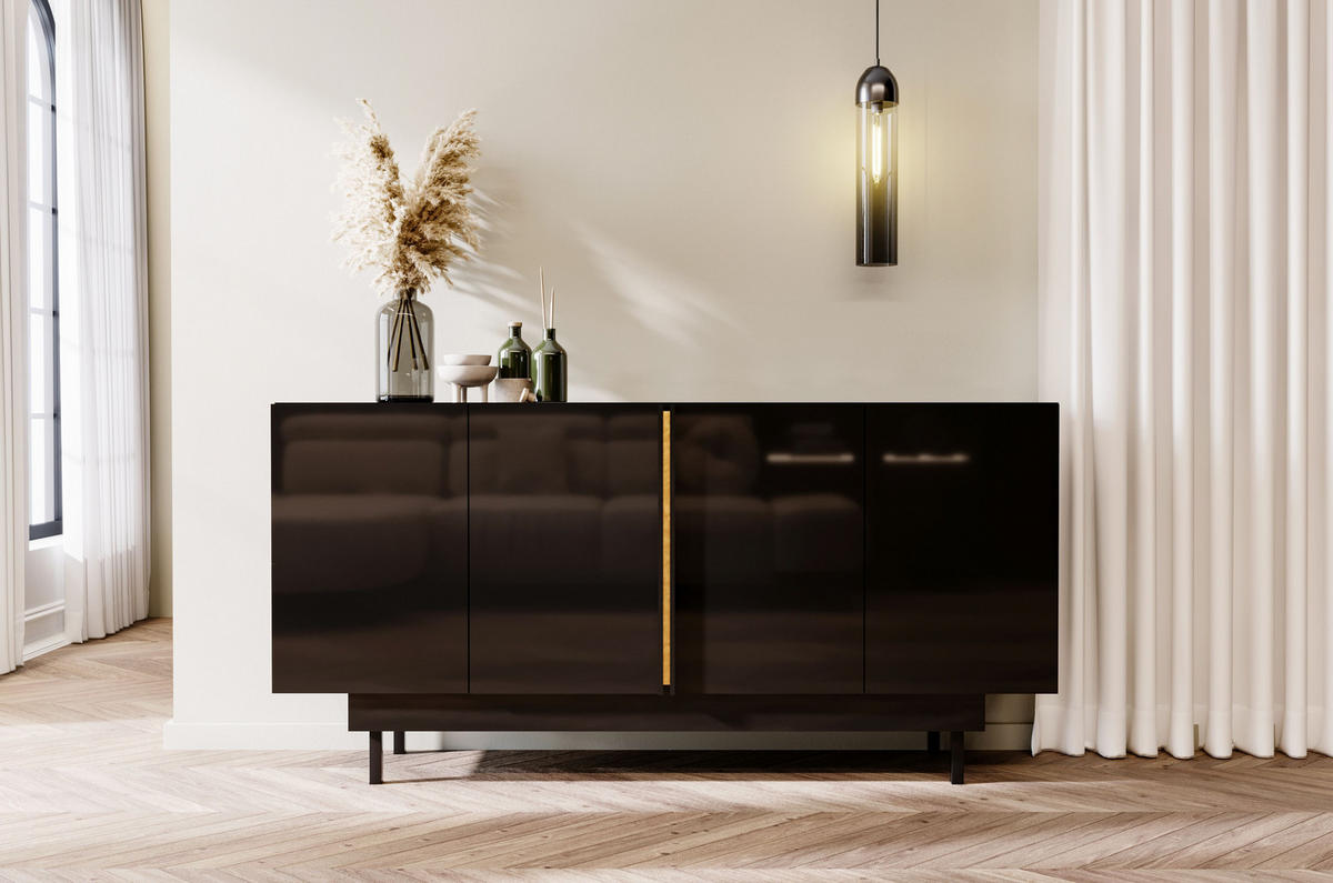 SIDEBOARD Artemisa Schwarz, goldener Akzent, Hochglanz - Schwarz Hochglanz/Schwarz, Holzwerkstoff/Metall (163/81/42cm) - Dancan