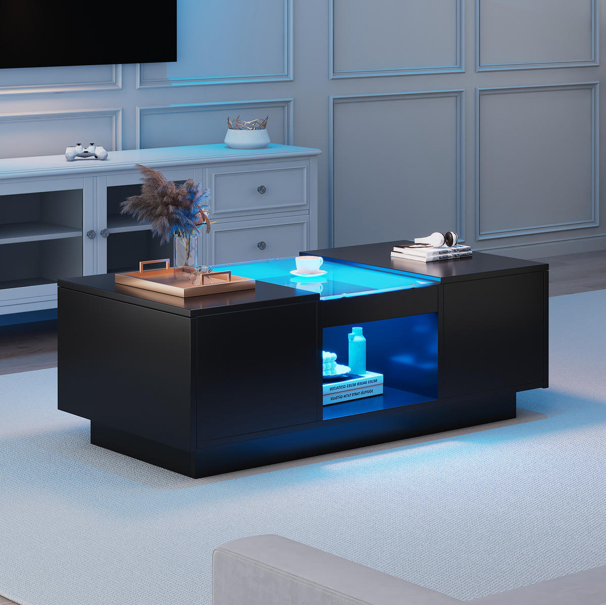 COUCHTISCH 100/50/35,5 cm aus Spanplatte mit LED-Beleuchtung, App-Steuerung, 2 Schubladen und Glasplatte, Schwarz - Schwarz, Holzwerkstoff (100/50/35.5cm) - Redom