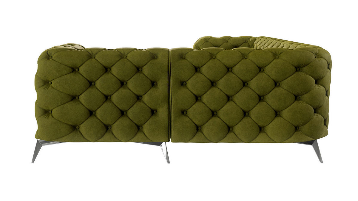 ECKSOFA Chesterfield Laura Olive Samt, Ottomane rechts - Silberfarben/Olivgrün, Holz/Textil (264/204cm) - S-Style Möbel