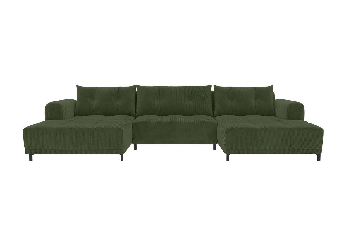 WOHNLANDSCHAFT Massimo Cordstoff Olivgrün inkl. Schlaffunktion - Schwarz/Olivgrün, Textil/Metall (356/94/181cm) - 99rooms