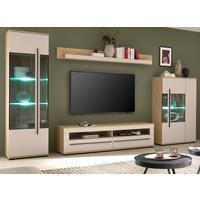 WOHNWAND Kaschmir, Eiche 4-teilig 350 cm, Wohnzimmer-Set mit Soft-Close - Kaschmir/Eichefarben, Glas/Holzwerkstoff (350/200/42cm) - Furn.Design
