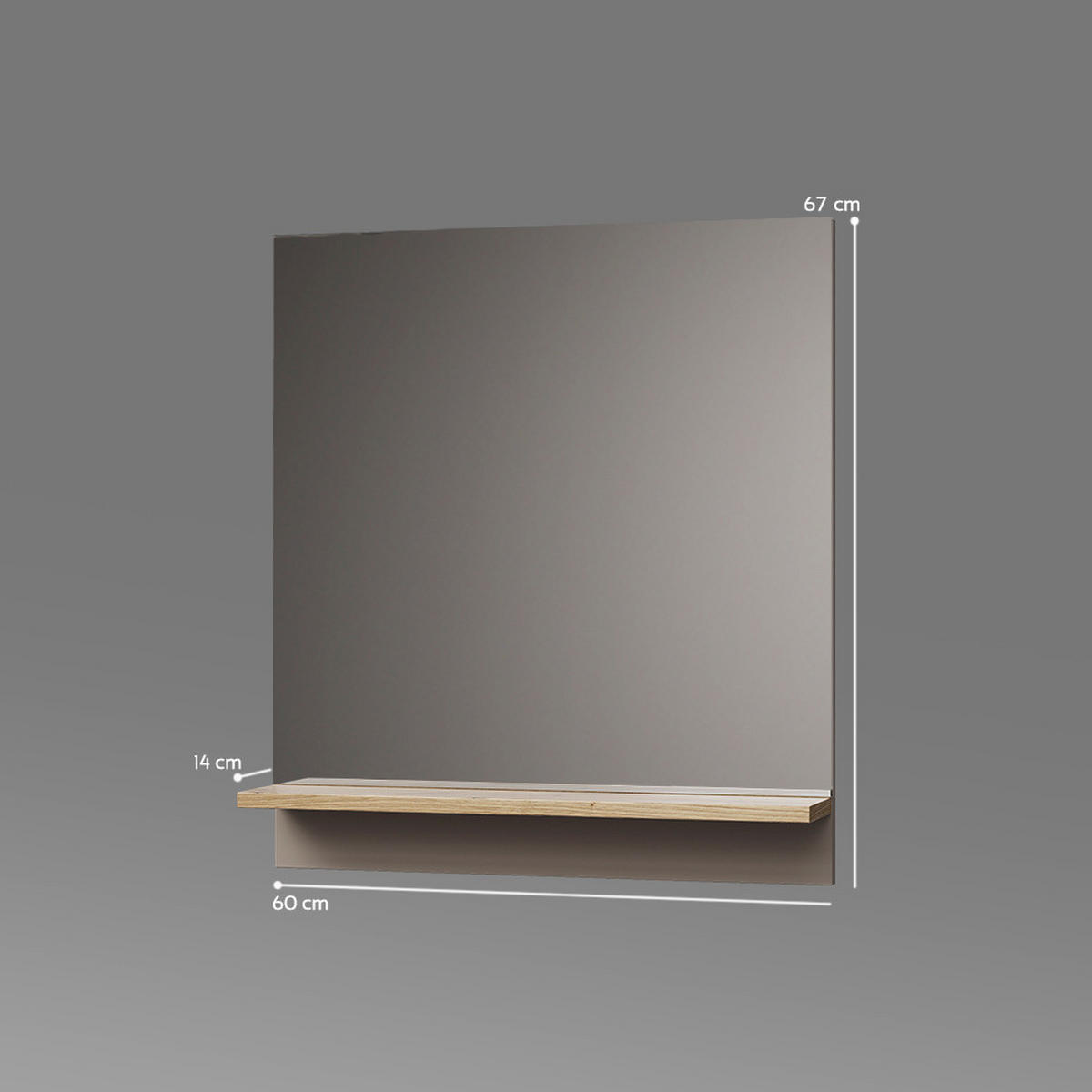 BADSPIEGEL Timavo Greige 60 x 67 cm mit Regal - Greige/Eiche Artisan, Holzwerkstoff (60/67/14cm) - Livinity®