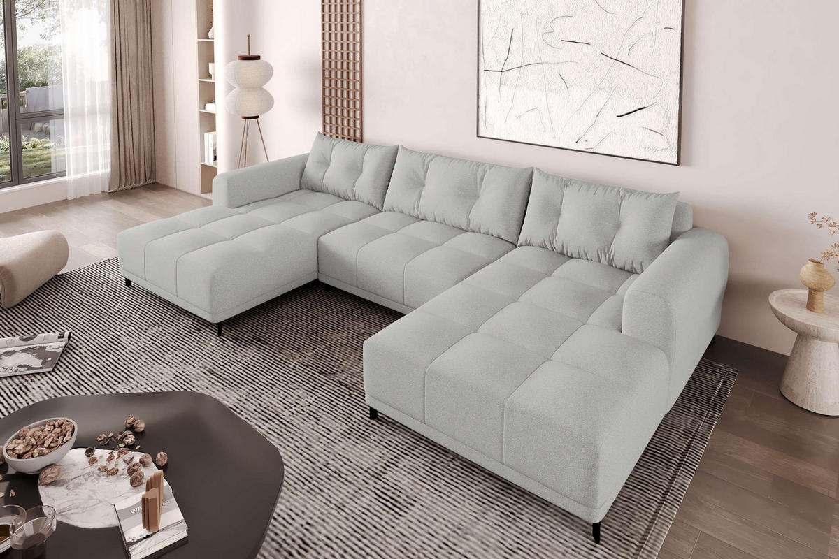 WOHNLANDSCHAFT Strukturstoff Hellgrau inkl. Schlaffunktion - Hellgrau/Schwarz, Textil/Metall (348/94/181cm) - 99rooms