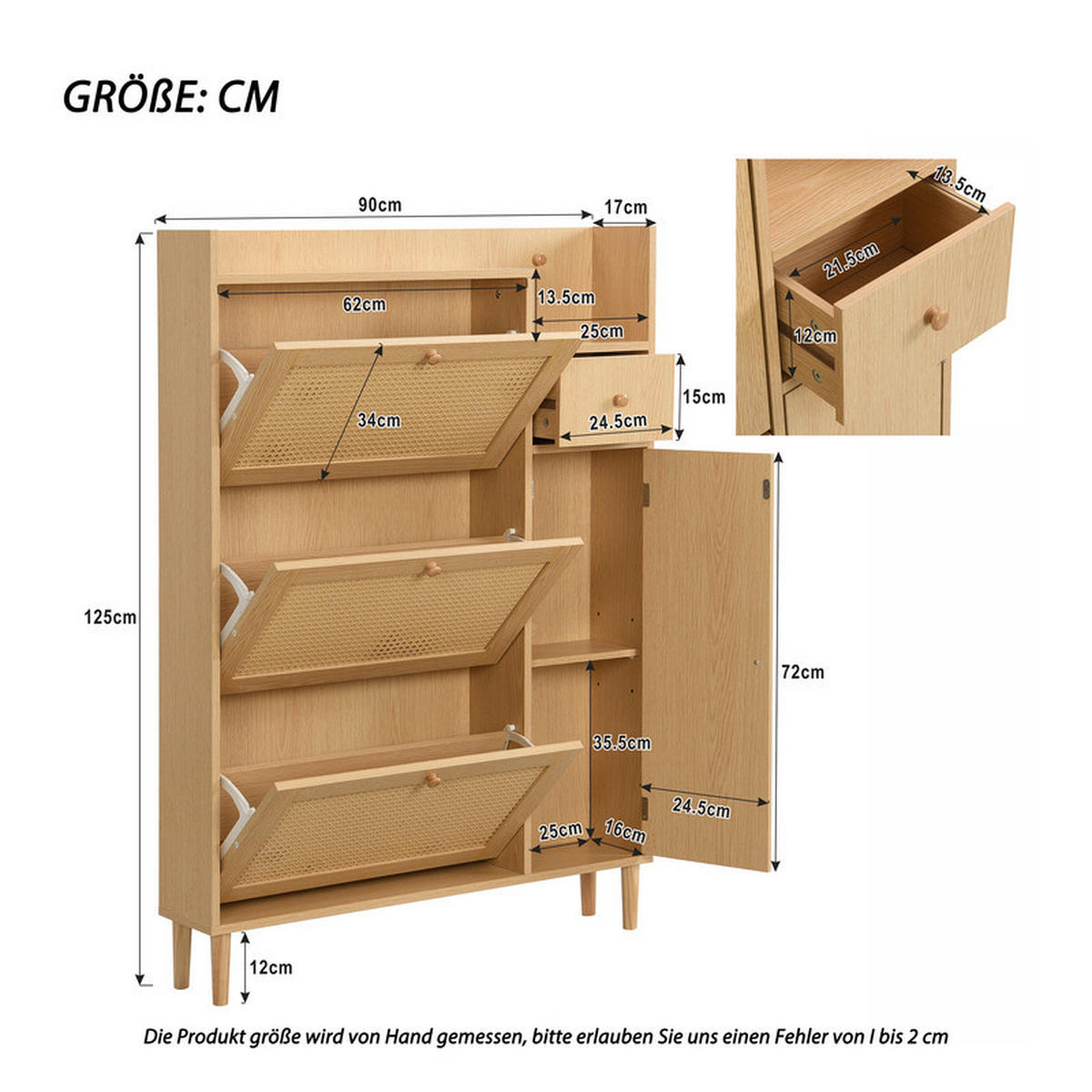 SCHUHSCHRANK Rattan mit 3 Klapptüren und 1 Schublade Massivholzbeine 90x125x17 cm - Braun, Holz (17/125/90cm) - Moorle