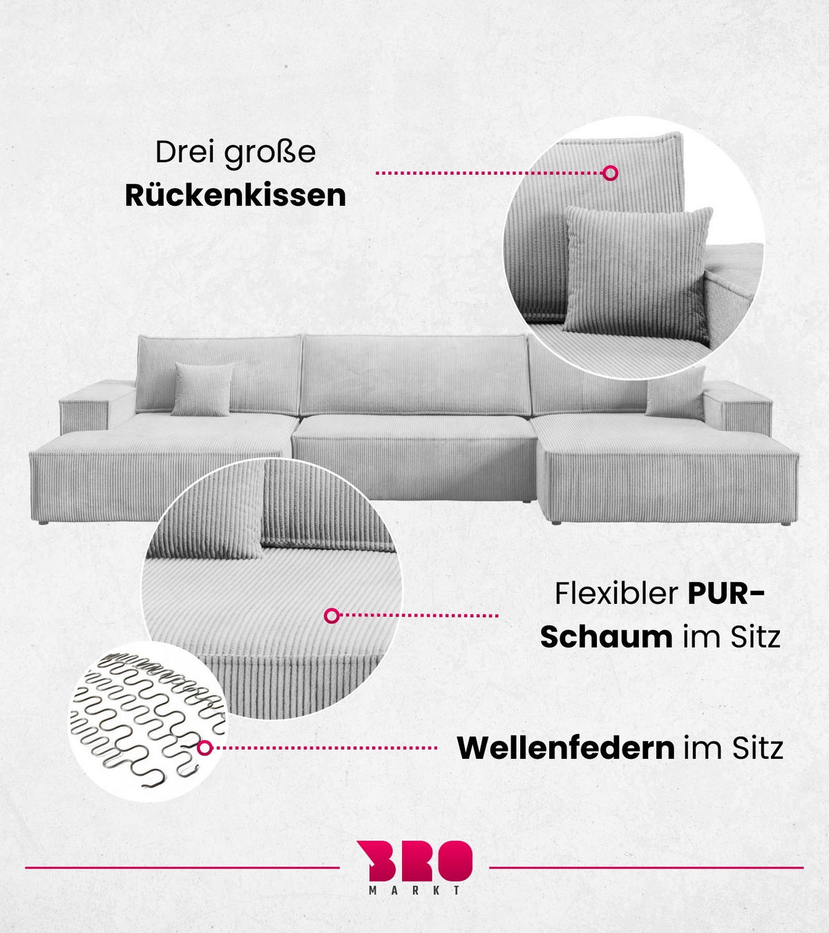 WOHNLANDCHAFT Pablo U mit Schlaffunktion Hellgrau Cord - Hellgrau, Textil (398/85/148cm) - Bromarkt