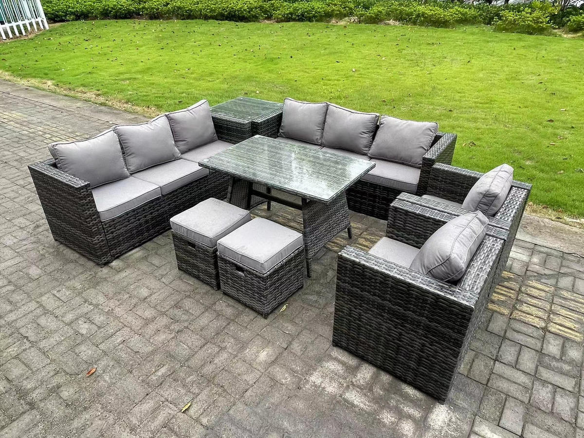 GARTENMÖBELSET mit 2 Hockern 10-Sitzer Grau - Dunkelgrau/Grau, Glas/Kunststoff - Fimous