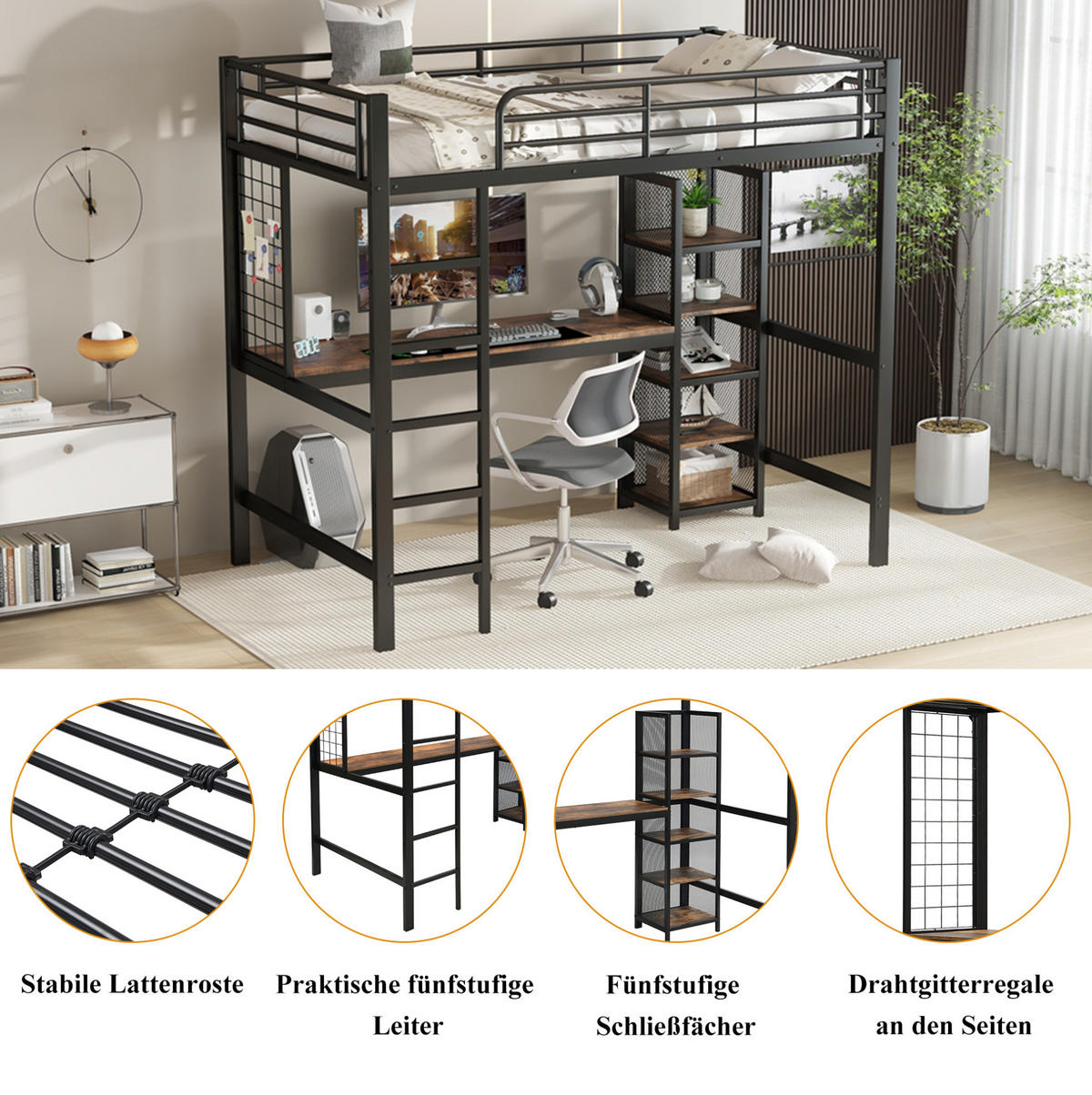 HOCHBETT 90/200 cm aus Metall und MDF mit Schreibtisch, 5-stufigem Regalschrank und Metallgitter, Schwarz/Dunkle Holzfarbe - Schwarz, Holzwerkstoff (90/200cm) - Redom