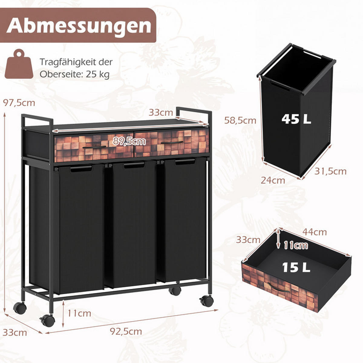 WÄSCHEKORB mit Wäschesäcken schwarz - Schwarz, Metall (92.5/97/33cm) - COSTWAY