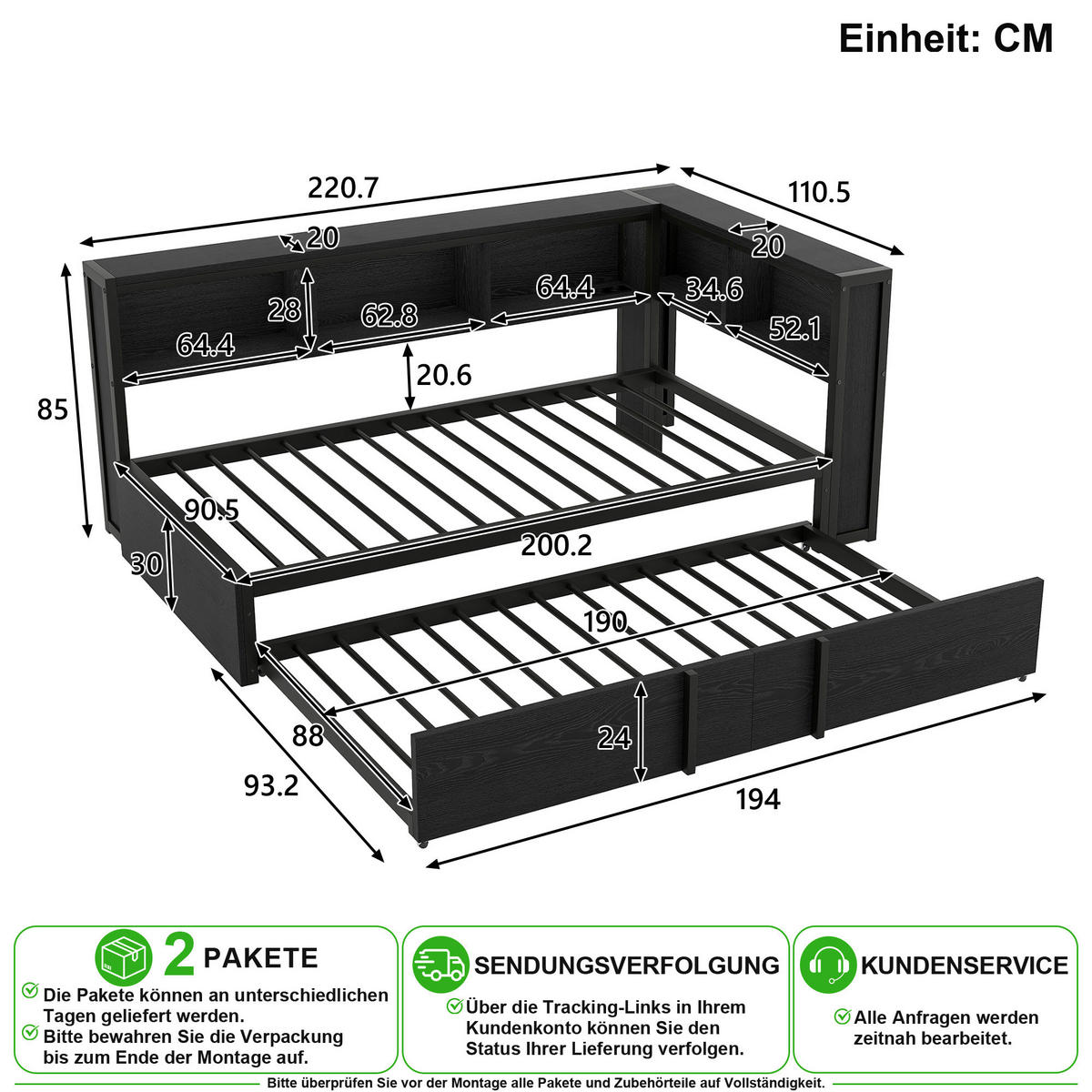 METALLBETT 90/200 cm in Schwarz mit Ausziehbett, LED und USB - Schwarz, Holzwerkstoff/Metall (90/200cm) - CHICFURN