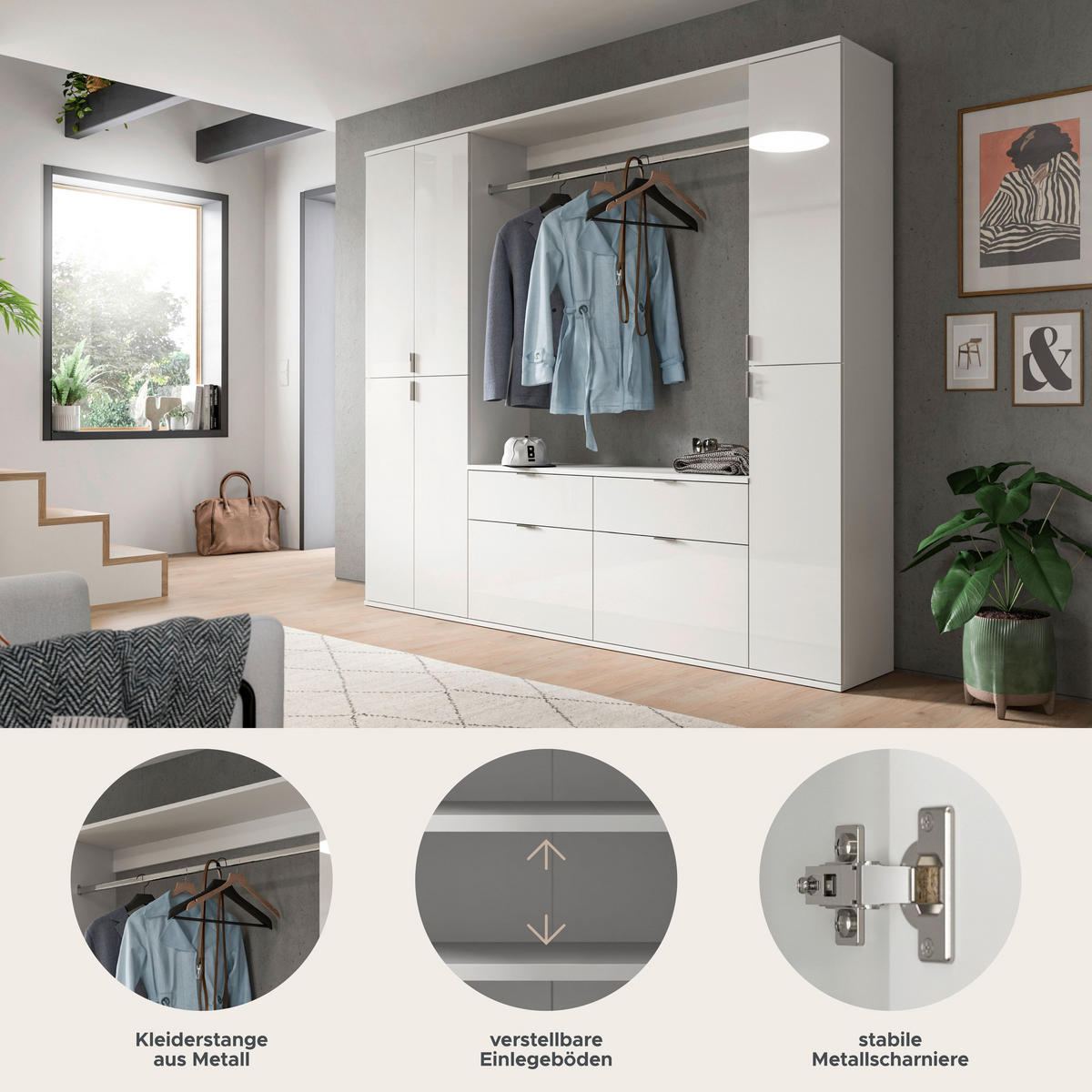 GARDEROBENKOMBINATION 4tlg. Projekt X Garderobe in weiß Nb. und weiß hochglanz B/H/T: 212x193x34 cm - Weiß, Holzwerkstoff (212/193/34cm)