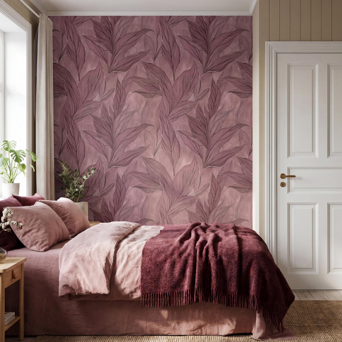 TAPETE - Blätter - Muster - Lila - 180x220 cm - Altrosa, Papier (180/220cm) - OnlyWow