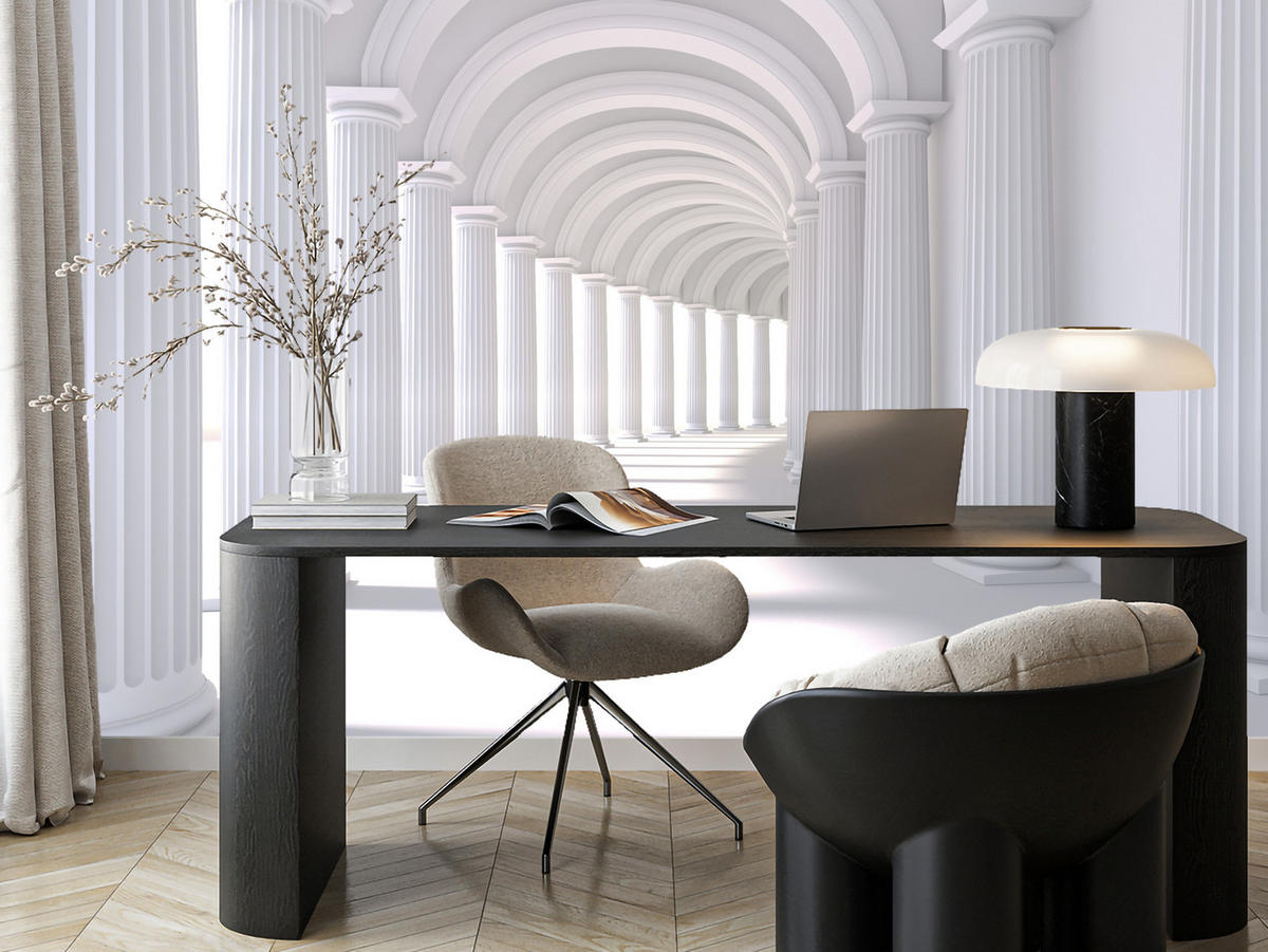 FOTOTAPETE für Wohnzimmer Räumlich Tunnel Historische Säulen 200x140 - Weiß/Grau, Papier (200/140cm) - Muralo