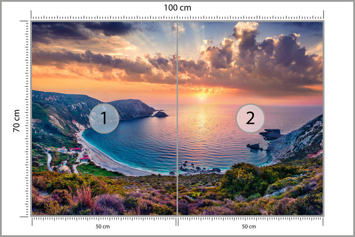 FOTOTAPETE Meer Blumen Sonnenuntergang Landschaft 3D 100x70 - Türkis/Blau, Papier (100/70cm) - Muralo