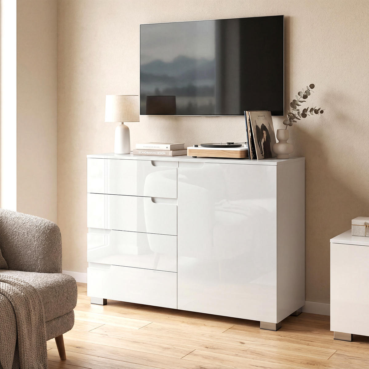 SIDEBOARD DE-08719 100 cm mit 4 Schubladen & verstellbarem Regal Weiß - Weiß Hochglanz, Holzwerkstoff (100/80/40cm) - ComfortXL