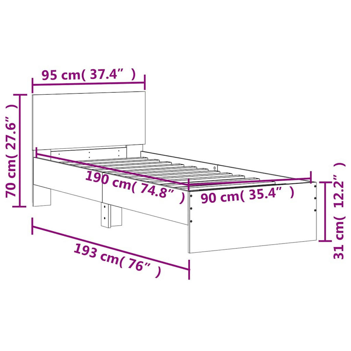 BETTGESTELL Ohne Matratze Mit Kopfteil Sonoma-Eiche 90/190 Cm - Braun, Holzwerkstoff (90/190cm) - vidaXL