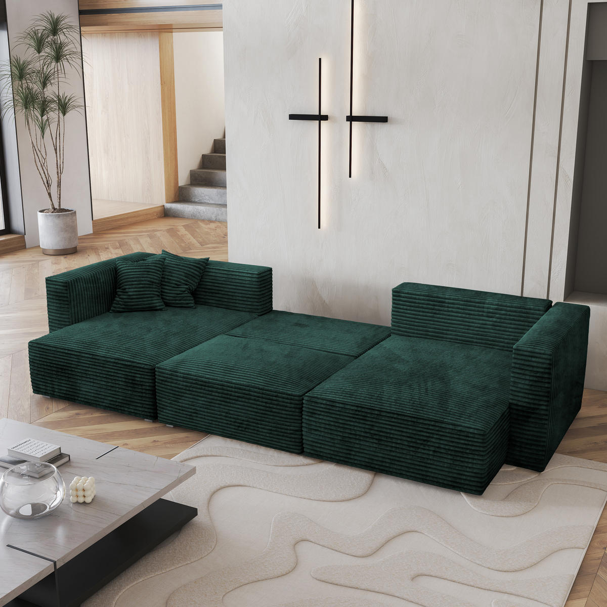 WOHNLANDSCHAFT SARMO Grün Kordstoff mit Schlaffunktion - Grün, Holz (347/90/148cm) - MASSENO