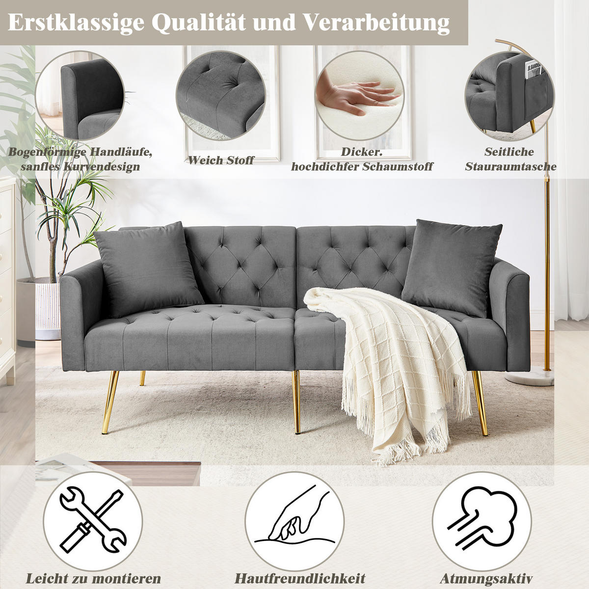 SCHLAFSOFA 177/78/74 cm in Gray Samt mit Aufbewahrungstasche - Grau, Textil (78/74/177cm) - Oxeza