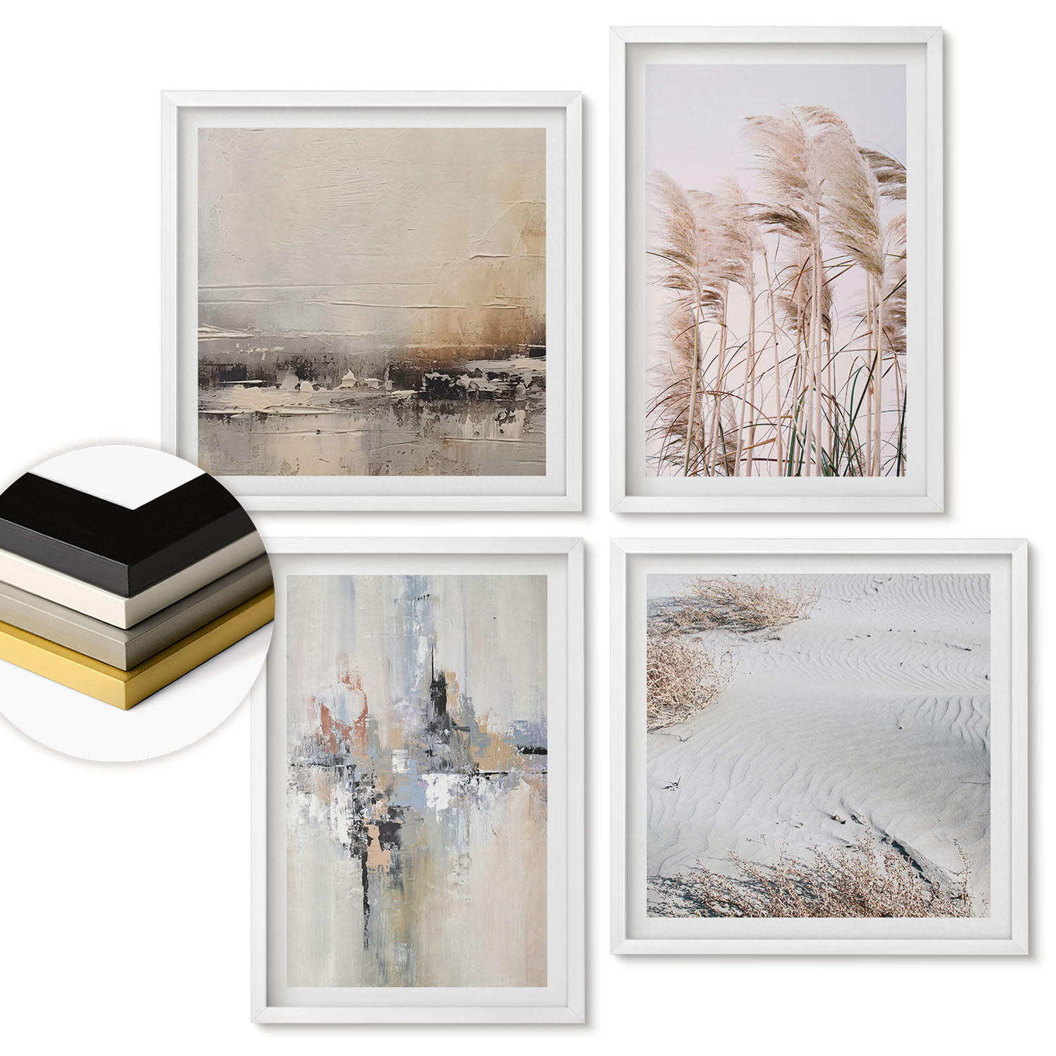 WANDBILDER 4er-Set - 50x50 cm & 40x60 cm Weißer Rahmen - Abstrakte Vegetationsmuster - Weiß, Kunststoff (50/50cm) - ArtPrintCave