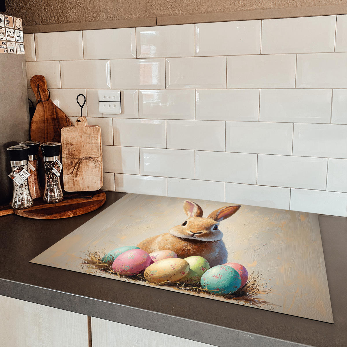 HERDABDECKPLATTE Osterhase - Pastell - Eier Herdabdeckung Induktionsfeld 70x52 cm - Beige, Kunststoff (70/52/0.2cm) - MuchoWow