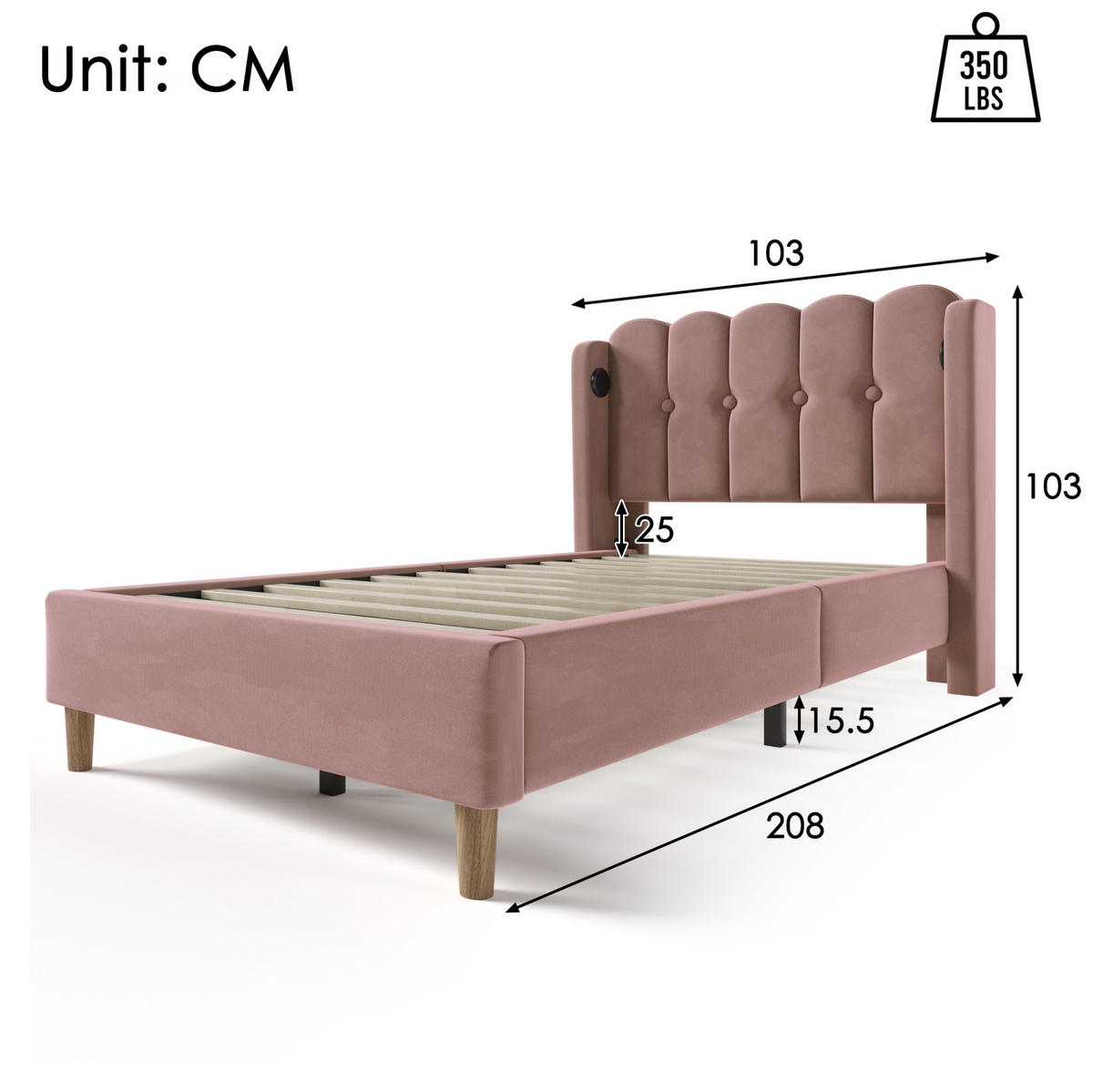 POLSTERBETT 90/200 cm Rosa mit USB- und Type-C-Anschlüssen - Rosa, Textil (90/200cm) - OKWISH