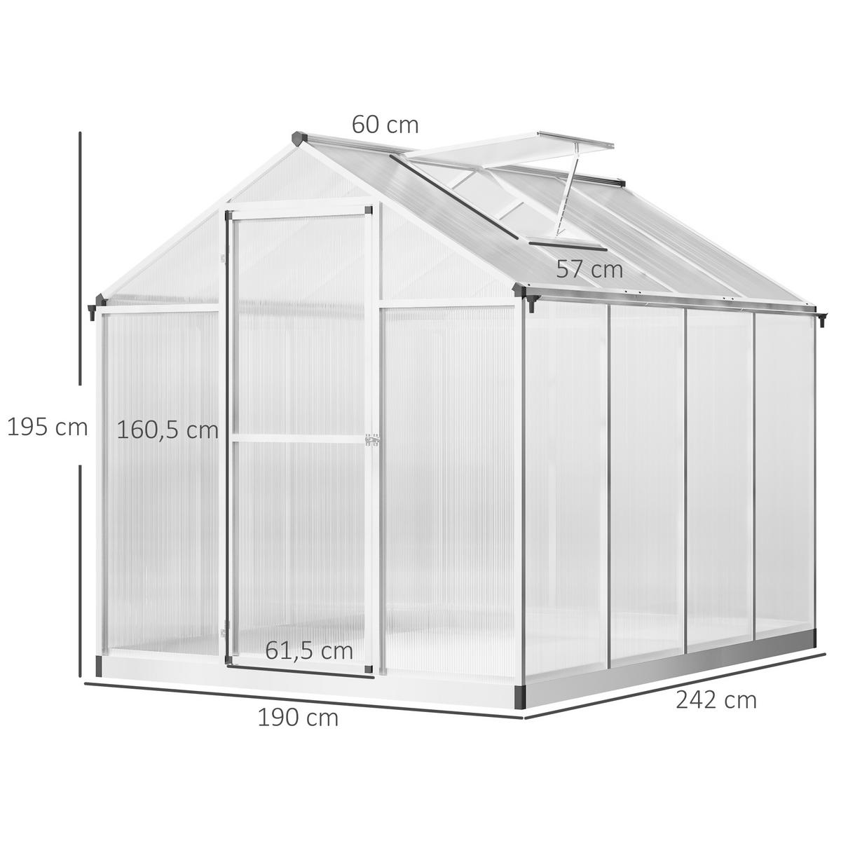 GEWÄCHSHAUS DE-11902 Aluminium Polycarbonat mit Dachluke Silber - Transparent, Metall (190/195/242cm) - ComfortXL