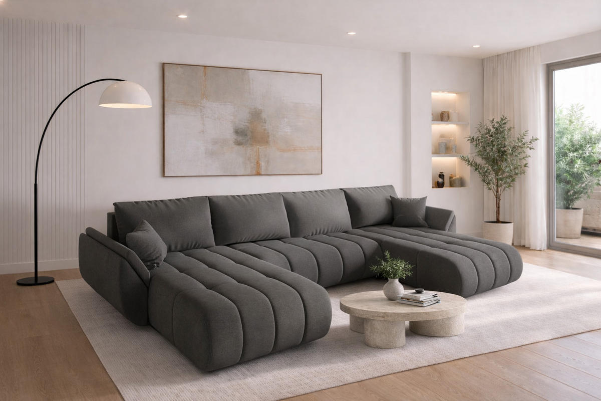 ECKSOFA mit schlaffunktion und bettkasten TOKYO U PREMIUM, stoff WIND, Stahl - Grau, Holz (384/190cm) - Kaiser Möbel