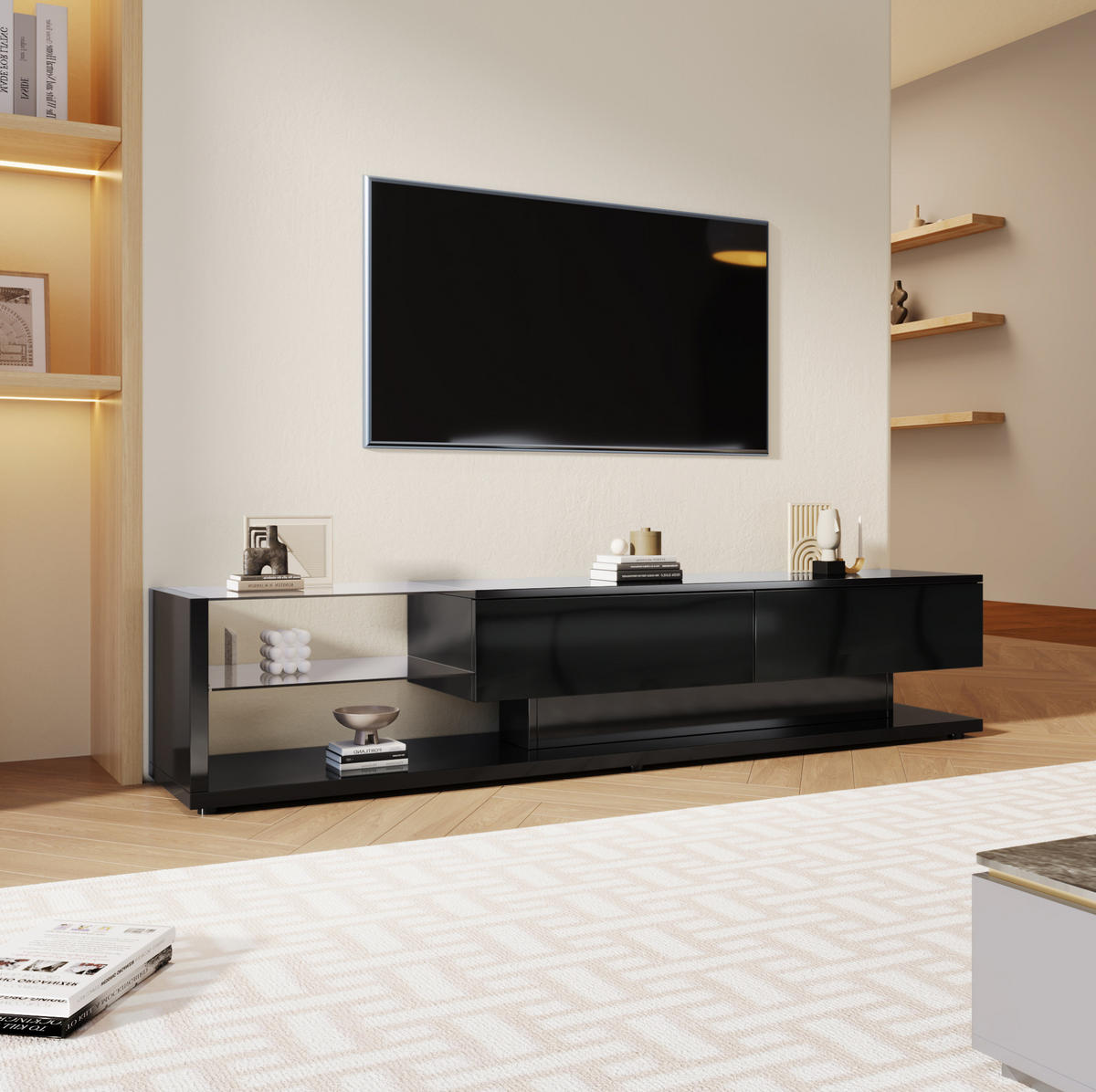 TV-ELEMENT mit LED und Glasregalen 170 cm Schwarz Hochglanz - Schwarz, Holzwerkstoff (36/38/170cm) - Beauniv